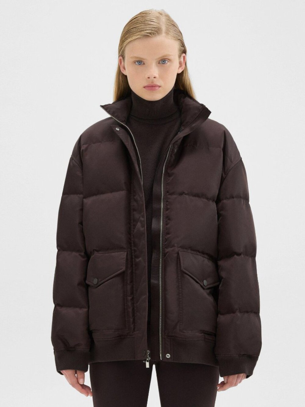 NWT $595 Theory Oversized Down Puffer Bomber Jacket Aero Nylon in MINK Size M/L